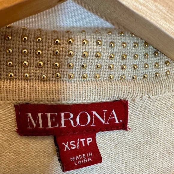 Merona Knit Tan Long Sleeve Peter Pan Gold Studded Embellished Collar Sweater XS - Picture 3 of 13